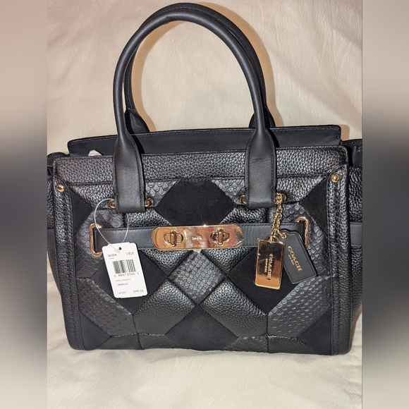 Coach Swagger In Patchwork Pebble Leather Black With Dust Storage Bag & COA NWT - Picture 1 of 13